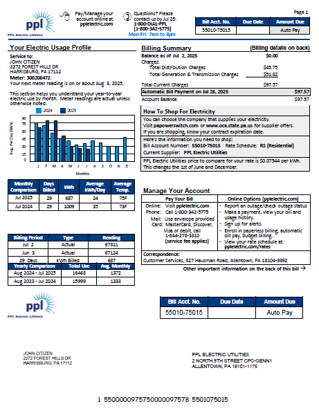 USA PPL Electric utility bill template in Word and PDF formats, version 3